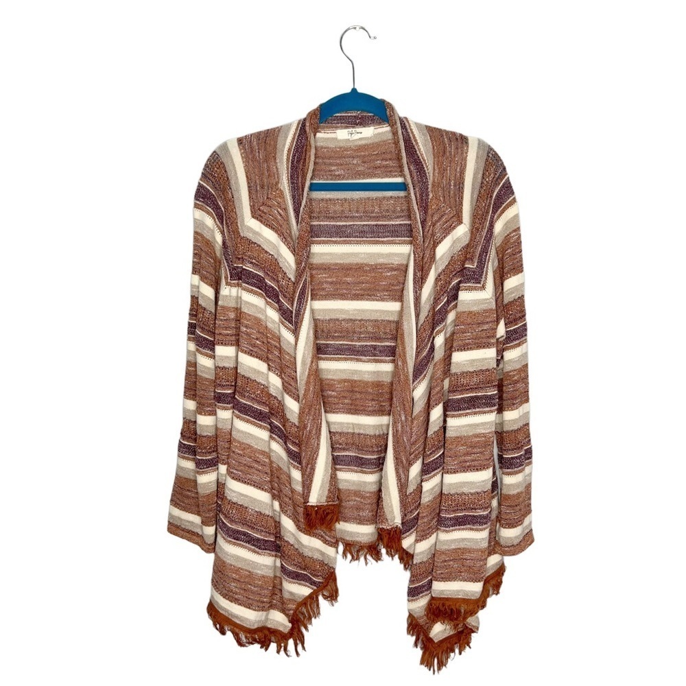 Peyton Primrose Cinnamon Striped Fringe Open Front Knit Cardigan